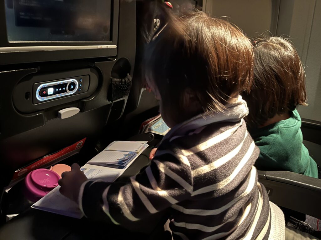 飛行機の中で遊ぶ子どもたちを撮影した写真